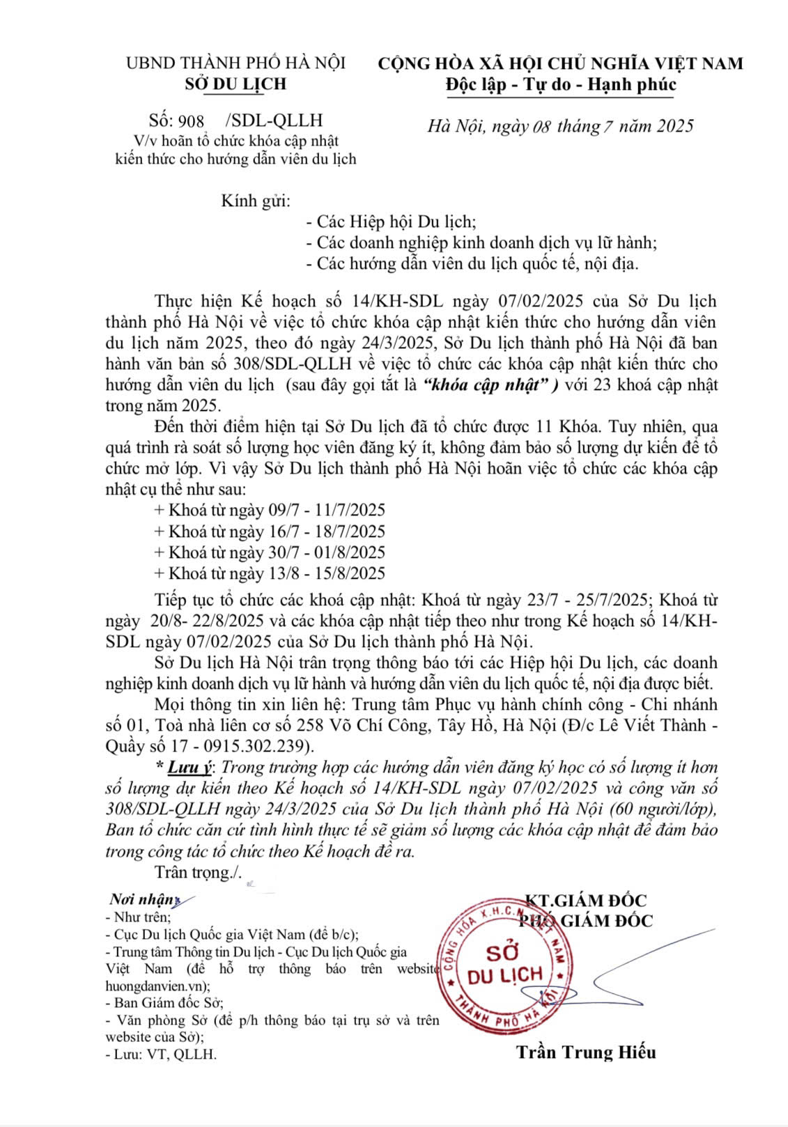 Thông báo lớp học cấp thẻ HDV